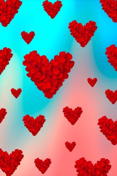 Valentines Day card with Heart Made of Red Roses petals Isolated on gradient pink and blue background. Valentines Day pattern with hearts. Vertical banner.