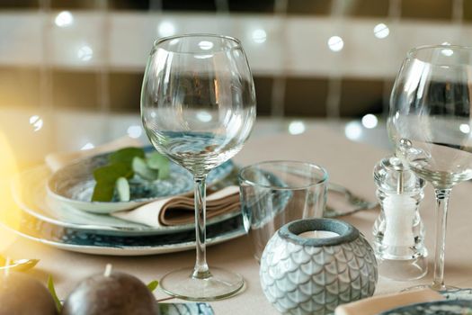 Empty wine glass on a restaurant table. Close up.