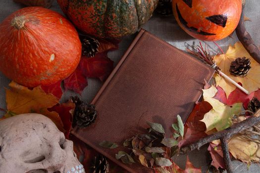 top view of a still life of a skull, pumpkins, books and autumn objects, copy space, halloween background