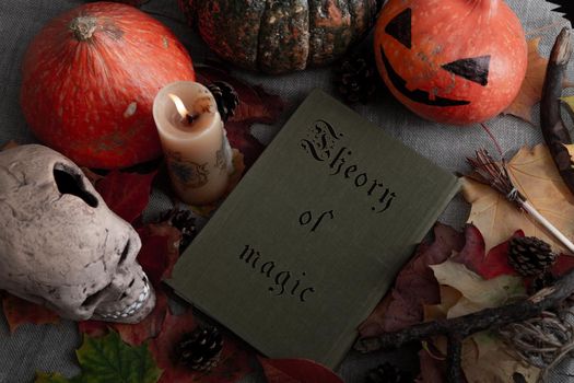 autumn halloween still life from a book, pumpkins and skulls, sheikh leaves and cones, a burning candle on a linen background, copy space, top view