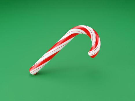 Merry Christmas canes, lollipop mint candy with red stripes on green background. New Years celebration concept. Traditional sweet dessert. 3d render