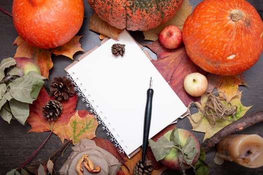 autumn fruits and vegetables on a dark background with notepad and fountain pen, copy space, theme of health and seasonal colds, auturm clors mood, top view