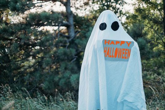 White ghost with empty poster, space for text. Halloween theme
