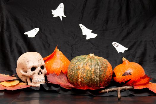 pumpkins skull and ghosts on a black background halloween party still life