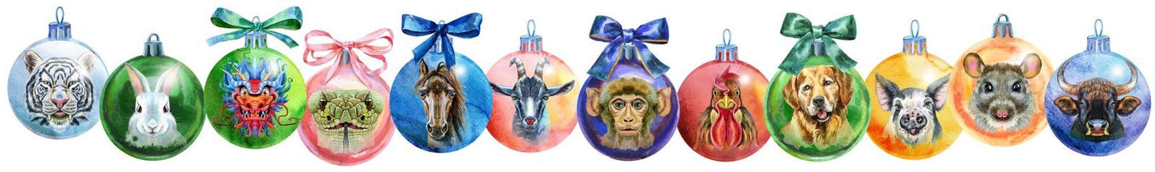 Watercolor illustration Christmas balls with twelve animals chinese zodiac