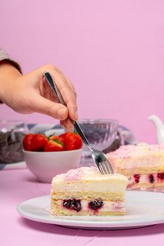 Homemade cream layer biscuit cake with strawberry. Close up.