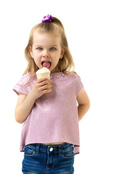 Happy little girl eating ice cream on a summer day. Isolated on a white background.