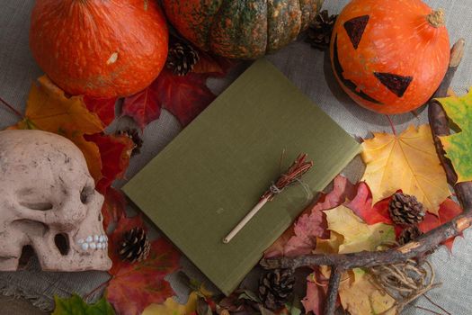 top view of a still life of a skull, pumpkins, green book and autumn leaves, copy space, halloween background, orange colors.cozy still life