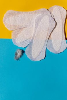 Panty liner with chamomile flowers on a pink background. Menstruation and women everyday hygiene concept. Flat lay,