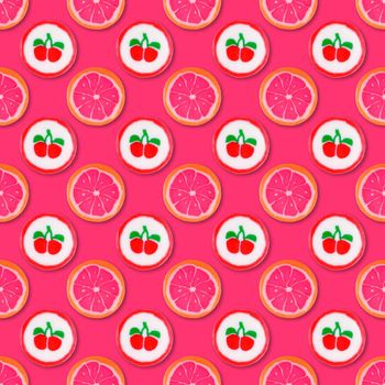 Lollipop candy seamless pattern on pink background. Food background. Top view. Colorful candy seamless pattern