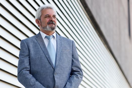 Portrait of a senior businessman with arms crossed outside of modern office building. Successful business man wearing formal suit and tie smiling in urban background.