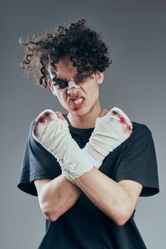 fighter with broken nose training boxing conflict aggression injury. High quality photo