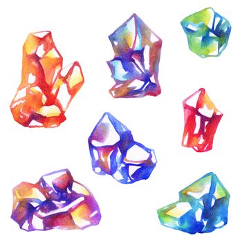 Hand-drawn watercolor crystals - painting on white background
