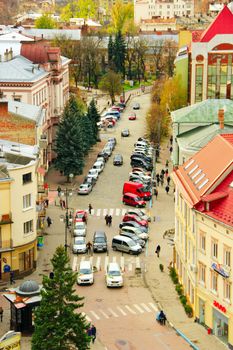 view to Ivano-Frankivsk from a bird's eye view with cars parked on the street of the city