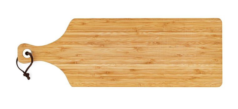 Wooden cutting board on a white background, close up