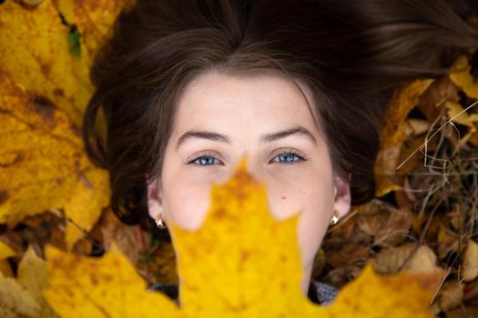 Top view of a cute girl with blue eyes, which in the fall lies on the ground and holds a beautiful yellow maple leaf in front of her. Face in focus.