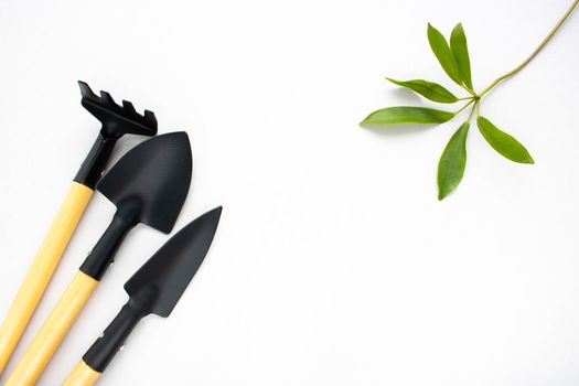 Gardening tools arranged isolated on craft background. Eco friendly concept.