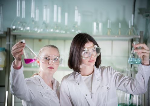 Chemical laboratory. Two young woman pretty holding different flasks with liquids in it. Looking at the flask. Portrait