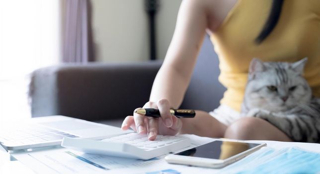 Close up hand of woman using computer calculating household finances or taxes on machine, female manage home family expenditures, using calculator, make payment on laptop.