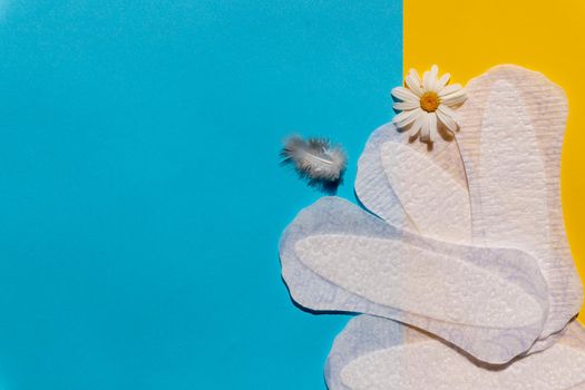 Panty liner with chamomile flowers on a pink background. Menstruation and women everyday hygiene concept. Flat lay,