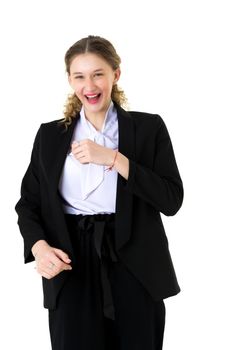 Happy joyful student girl in formal black suit. Portrait of smiling young business woman wearing black suit and white blouse smiling at camera standing against isolated white background