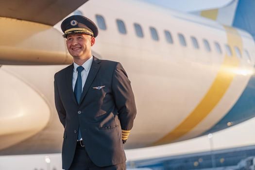 Portrait of smiling young male pilot in uniform and hat looking aside, posing in front of a big passenger airplane in airport at sunset. Aircraft, occupation, transportation concept