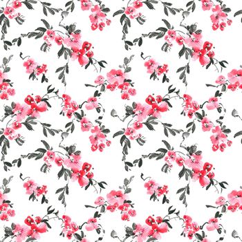 Watercolor and ink illustration of blossom tree with pink flowers, buds and leaves. Oriental traditional painting in style sumi-e, u-sin and gohua. Seamless pattern.
