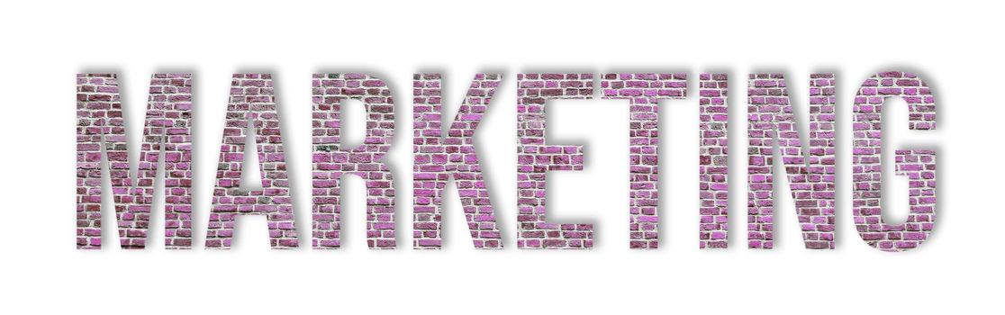 Overlay of the word marketing on purple or violet brick wall isolated on white background. Marketing word.