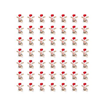 Funny white bull isolated in Christmas hat pattern. Spotted Cow portrait isolated on white. Square frame