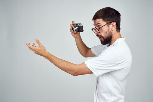 male photographer with camera office object lifestyle. High quality photo