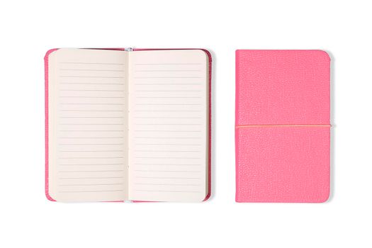 Top view of pink office notebook and open and closed isolated on white background for mockup.