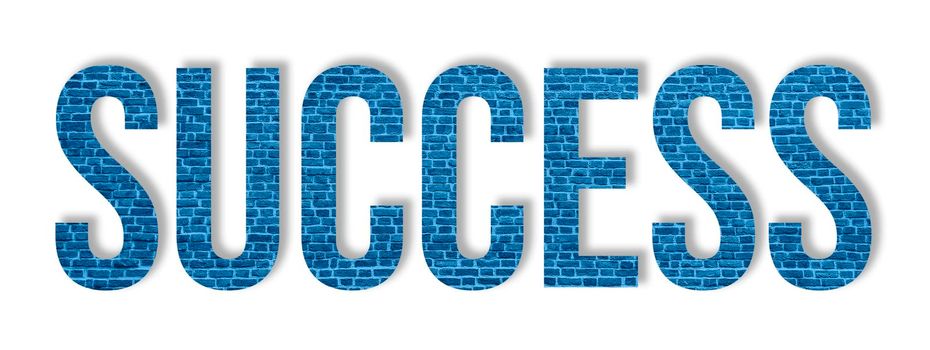 Overlay of the word success on blue brick wall isolated on white background. Steady Success concept. Success word.