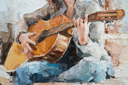 .The girl plays the guitar. Music lessons. Oil painting on canvas.