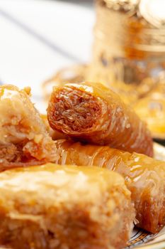 Stacked turkish baklava dessert in a plate