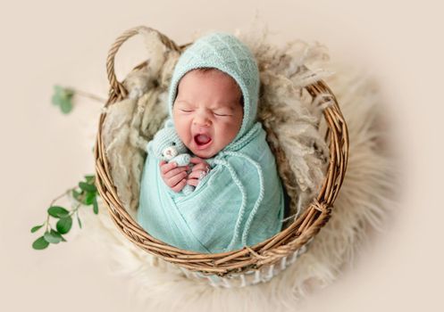 Adorable newborn yawning while rest in basket