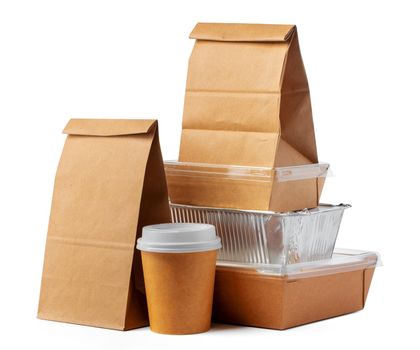 Set of recyclable food packaging on white background close up