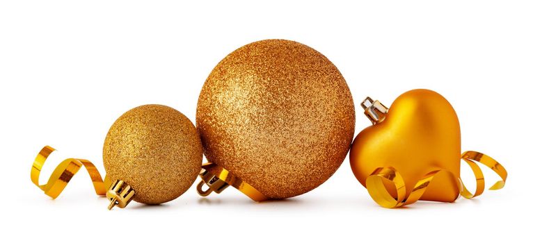 Gold sparkling Christmas bauble isolated on white background, close up