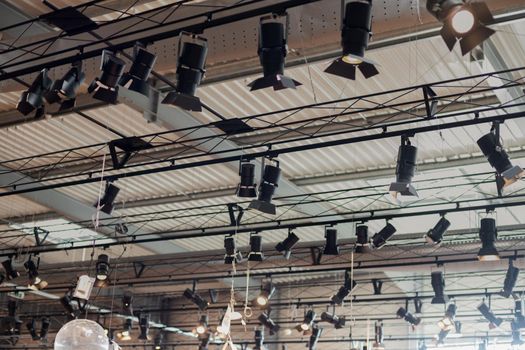 Tungsten pendant lamps on the ceiling in a shop