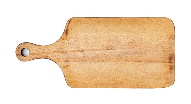 Wooden cutting board on a white background, close up