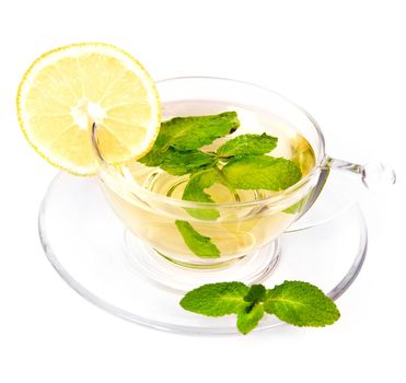 Transparent cup of a herbal mint tea