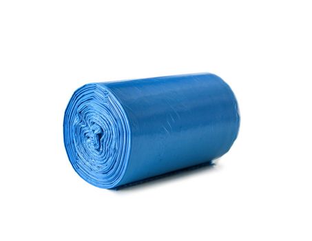 roll of blue garbage bags isolated on white background