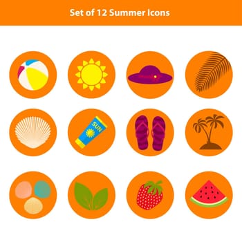 Set of summer, beach flat icons on orange round background. Flat design style. illustration. .