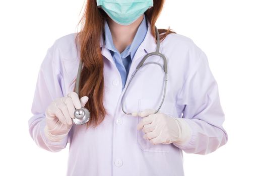 Female doctor with mask and stethoscope isolated on white background