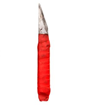 Rusty old knife with red handle on white background