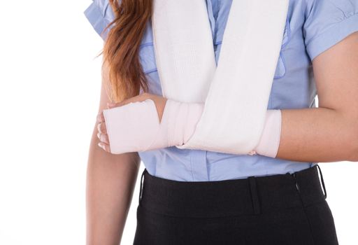 close-up injured arm wrapped in an Elastic Bandage isolated on white background