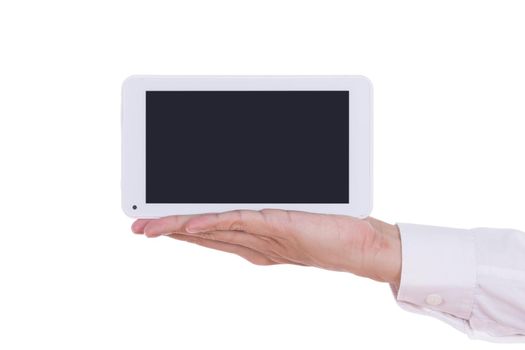 hand with small tablet computer blank screen isolated on white background