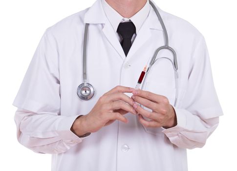 doctor holding syringe with blood isolated on white background