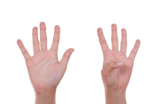 hands show the number nine isolated on white background