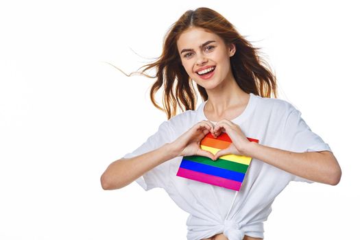 woman wearing white t-shirt lgbt flag inventor community. High quality photo