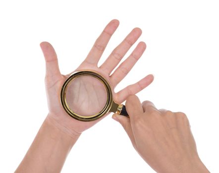 Palmistry, hands and magnifying glass isolated on white background